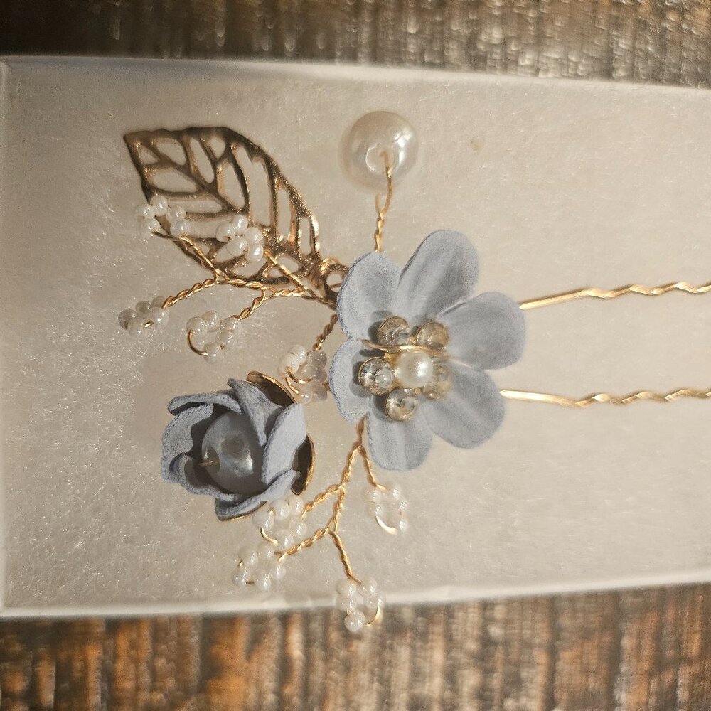 Pearl, Gold, Light Blue Flowers, Hairpin, Formal, Wedding - Set of two